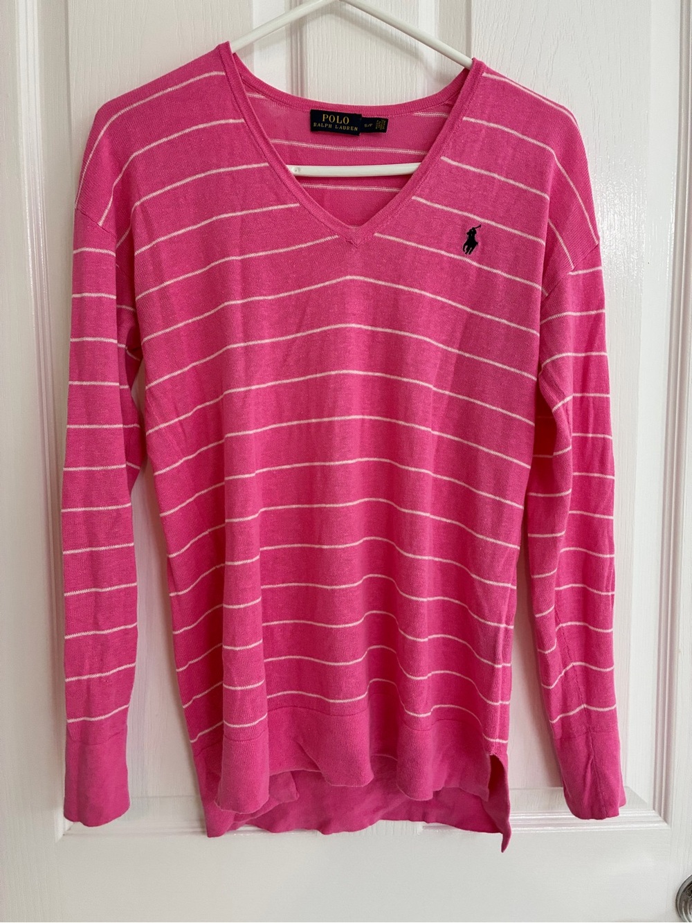 POLO by Ralph Lauren Pink Striped V-Neck Lightweight Sweater. Size S